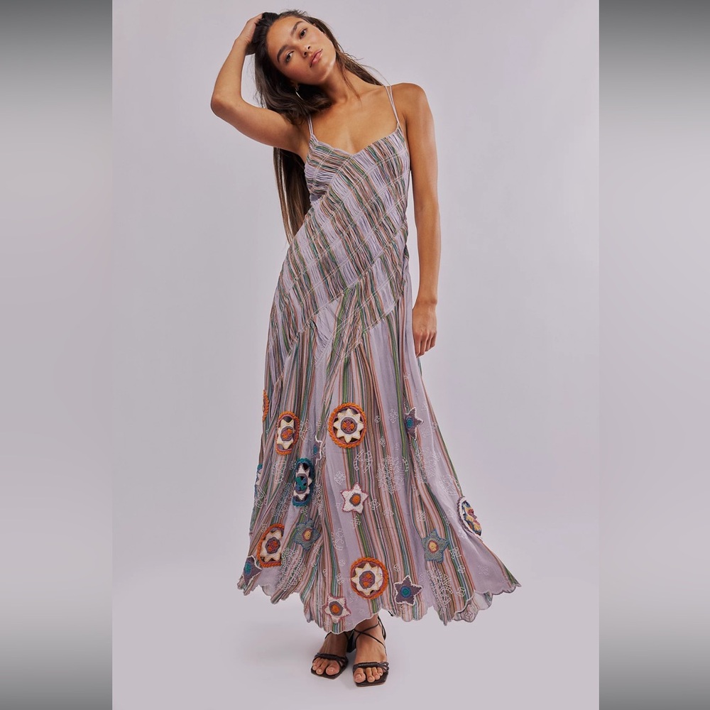 Free People Crocheted Adjustable Lined Shooting Star Maxi Dress Rainbow Summer